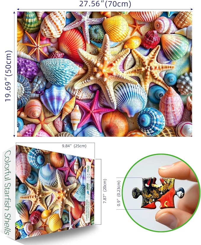 Colorful Seashell 1000 Piece Puzzles for Adults Clearance, Fun Puzzles for Adults 1000 Pieces with HD Print & Poster, 27.5" X 19.7" Dust Free, for Gifts Halloween Christmas Family Games