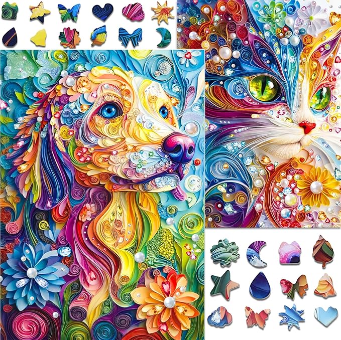 1000 Piece Puzzles for Adults, 2 Pack of Challenging Shaped Cat Puzzles, Pearl Cat and Pearl Dog Theme, Idea Gifts