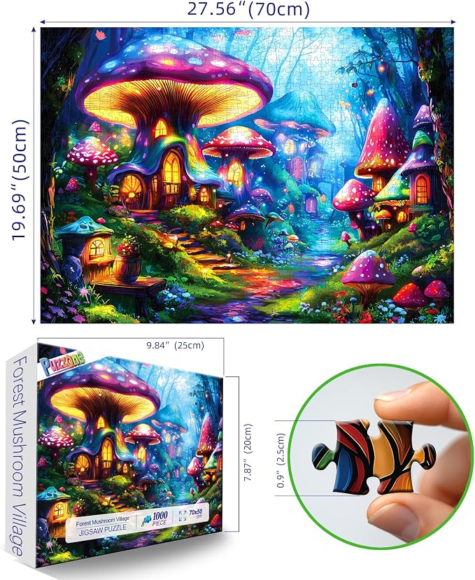 Puzzles for Adults 1000 Pieces Mushroom Village Jigsaw Puzzles Forest Fantasy Night for Challenging Game Adults Seniors Home Decor Great Gift, 27.5 x 19.7 Inch