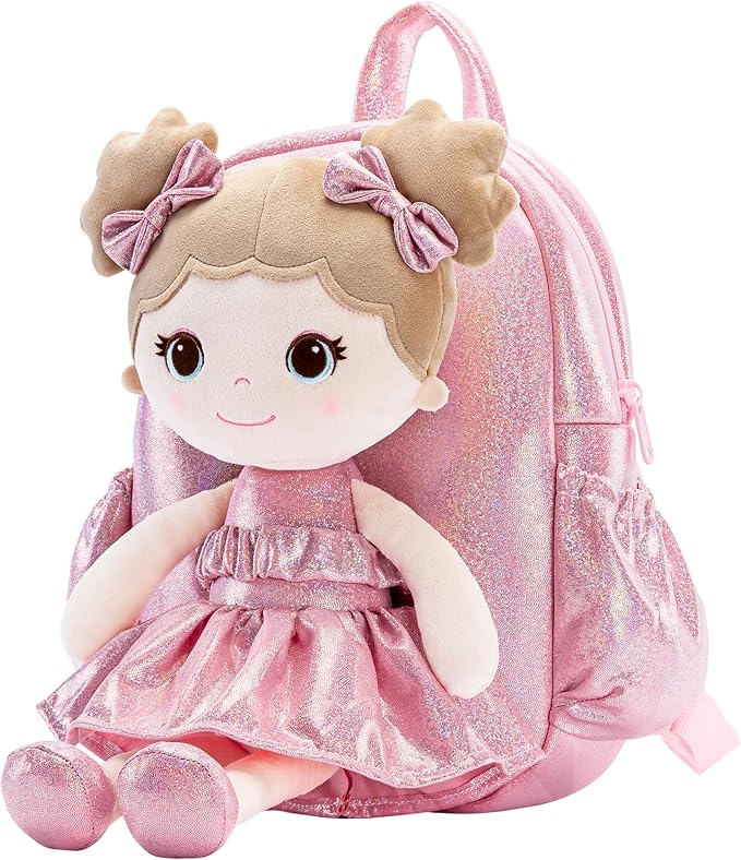Lazada Toddler Backpack - Baby Girl Gifts Curly Fingerprints Plush Doll Dress Backpack - Fashion Girls Curly Rolled Fingerprints Series - Apricot Pink 11 Inches