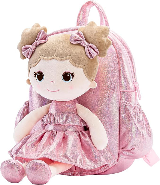 Lazada Toddler Backpack - Baby Girl Gifts Curly Fingerprints Plush Doll Dress Backpack - Fashion Girls Curly Rolled Fingerprints Series - Apricot Pink 11 Inches