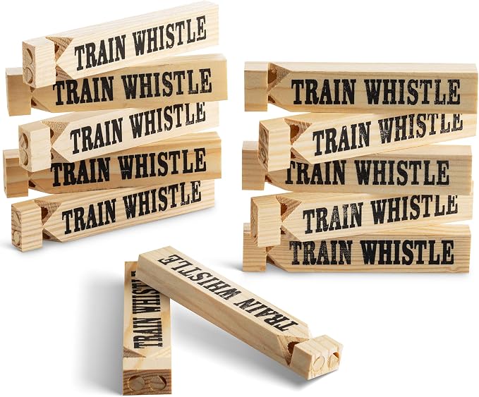 Wooden Train Whistles (Pack of 12) - Wood Train Whistle for Kids, Train Party Favors, Theme Birthday Decorations, Noisemakers, Goodie Bag Filler, Small Game Prizes, Stocking Stuffers