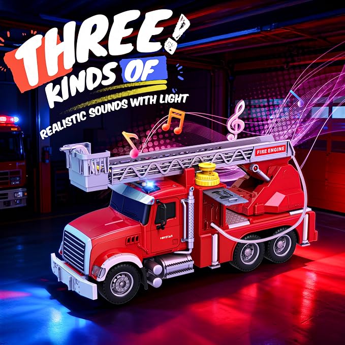 SMILESSKIDDO Fire Truck Toy - 1:12 Large Friction Powered Fire Rescue Truck with Water Pump, Extendable Ladder, Lights & Siren Sounds, Christmas Birthday Gift, Kids Toys for Age 3, 4, 5, 6, 7