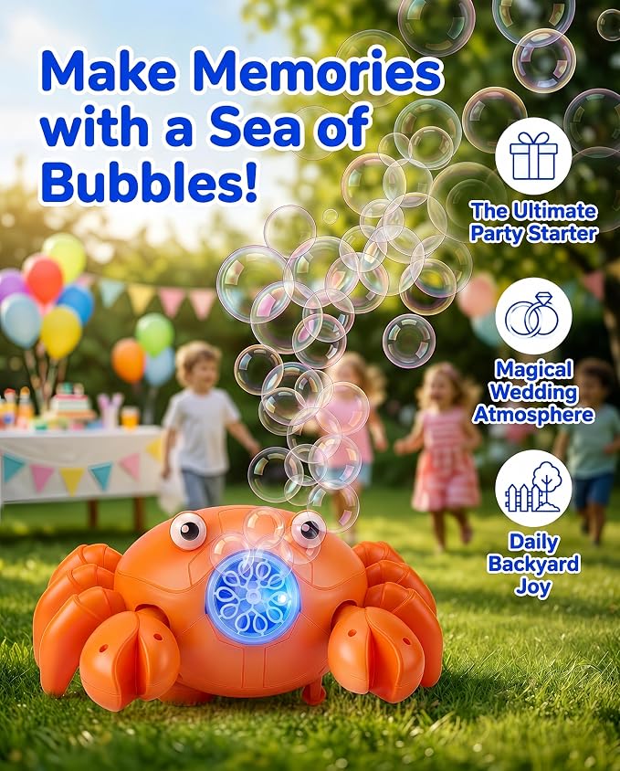 Rechargeable Bubble Machine for Kids, 360° Rotating Crawling Crab 10000+ Bubbles/Min with Music & LED, Automatic Obstacle Avoidance Bubble Maker Toy for Outdoor Garden Parties Birthday Gift