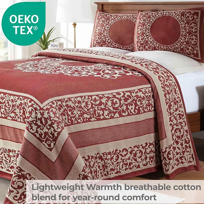 Superior Cotton Blend Bedspread Set, Includes 1 Tailored Bedspread and 2 Matching Pillow Shams, Lightweight Blanket, Bedding Decor, Jacquard Vintage Floral Mandala, Lyron Collection, Full, Berry Red