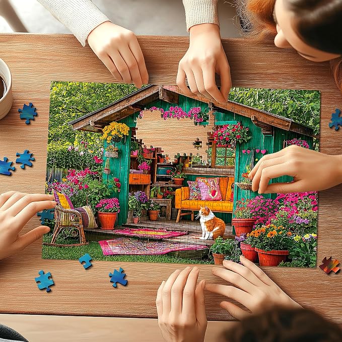 Flower House 500 Piece Puzzle for Adults Colorful Garden Shed Cat Jigsaw Puzzles with Letters on Back Perfect Family Challenge for Game Nights(23"X15")