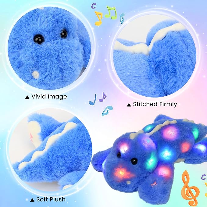 Hopearl LED Musical Stuffed Dinosaur Lighting Up Singing Soft Floppy Plush Toy Adjustable Volume Lullaby Animated Soothe Birthday Gifts for Kids Toddlers, Blue, 12.5''