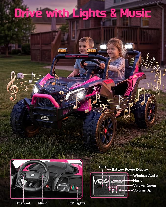 Firstness 24V Remote Control Ride on Cars for Kids 800W Toddler Electric Car Two Seater Ride on Toys with LED Lights, Music, 3 Speed Mode, Electric Vehicle Ride On Truck Car for Kids Ages 3-8, Pink