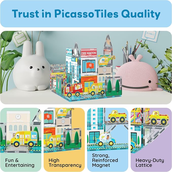 PicassoTiles Metro City Hospital Magnetic Tile Building Set with 8 Vehicles and Figures Educational Magnet Blocks Construction for Kids Age 3 Plus STEM Role Play Town Imagination Learning Toy PTQ14