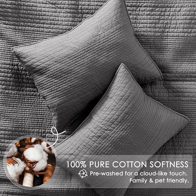 palassio Striped Dark Grey 100% Cotton Quilt Twin Size Bedding Sets, Lightweight Crinkly Channel Pick Stitch Textured Bedspread Soft Shabby Chic Farmhouse Country Coverlet for All Season, 1 Sham