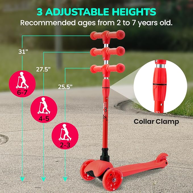 Hurtle Mini Kickboard 3 Wheel Scooter for Kids Ages 2-5 - Lean-to-Steer Toddler Scooter with Light-up LED Wheels, Adjustable Height & Rear Foot Brake for Boys. & Girls, Anti-Slip, Indoor/Outdoor