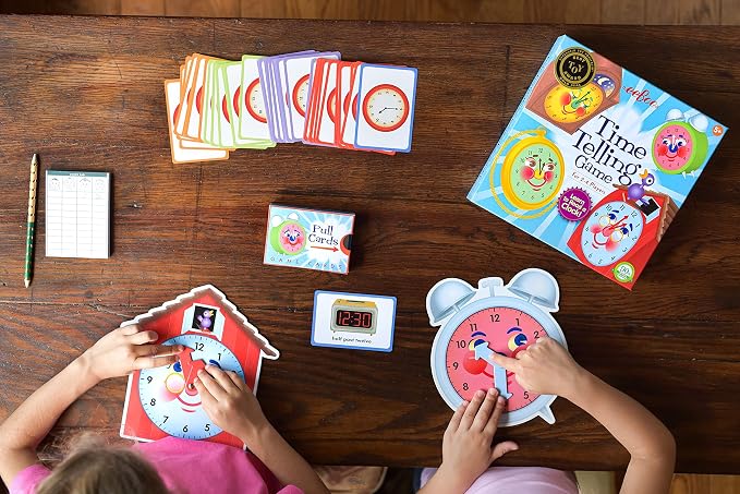 eeBoo: Time Telling Game, Learn to Read a Clock, 50 Game Cards with 4 Clocks and Score Pad, for 2-4 Players, Ages 5 and up