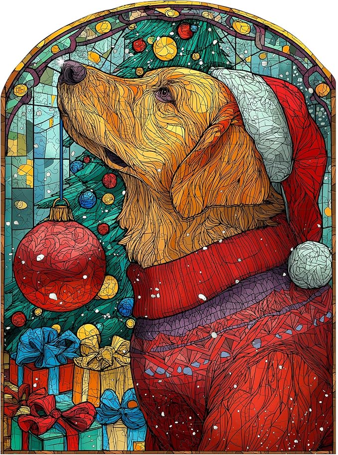 MEATRN Christmas Jigsaw Puzzles for Adults - Dog with Santa Hat 202 Pcs Unique Shaped Holiday Wood Puzzle with Wooden Storage Box, Festive Family Game Night for Art Lovers 8.9x12 Inch