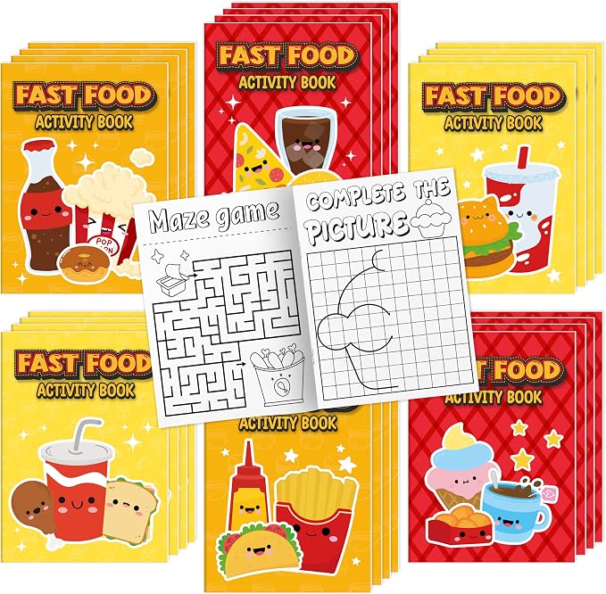Dvbonike 24Pcs Fast Food Activity Books - Fast Food Mini Fun Games Coloring Book Bulk with Burger Fried Chicken Fries Popcorn Party Favors Goodie Bag Stuffers Classroom Rewards Supplies