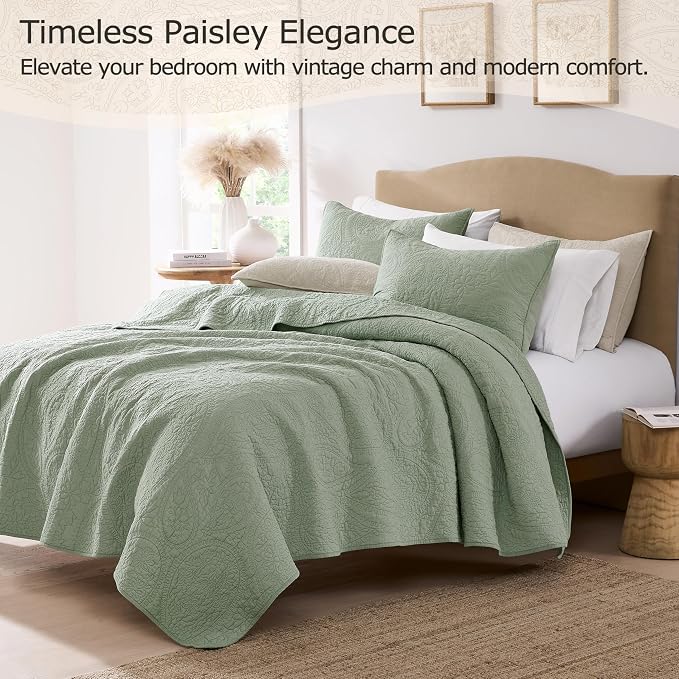 PALASSIO Sage Green Paisley 100% Cotton Quilt Queen Size Bedding Set with 2 Pillow Shams, Boho Floral Lightweight Farmhouse Country Vintage Soft Bedspread Shabby Chic Coverlet for All Season, 3 Pieces