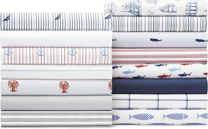 Nautica – Full Size Sheet Set, Crisp Cotton Percale Bedding with Matching Pillowcases, Lightweight & Breathable Bed Sheets, Deep Pocket, College Dorm Room Essentials (Whitewood Sail Blue)