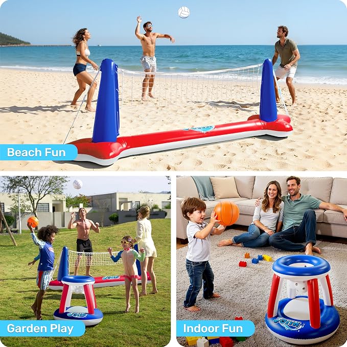 JOYIN Inflatable Pool Float Set Volleyball Net & Basketball Hoops, Balls Included for Kids and Adults Swimming Game Toy, Summer Floaties, Volleyball Court |Basketball,L-Red