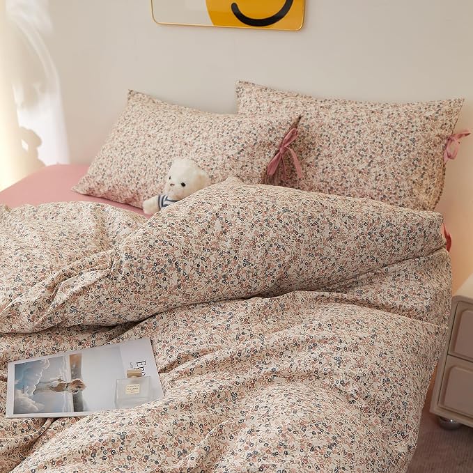 Pink Floral Comforter Set King, Aesthetic Botanical Flowers Comforter with 2 Bow Ties Pillowcases, Lightweight Cute Girls Floral Bedding Comforter Vintage Cottagecore Comforter Set for All Season