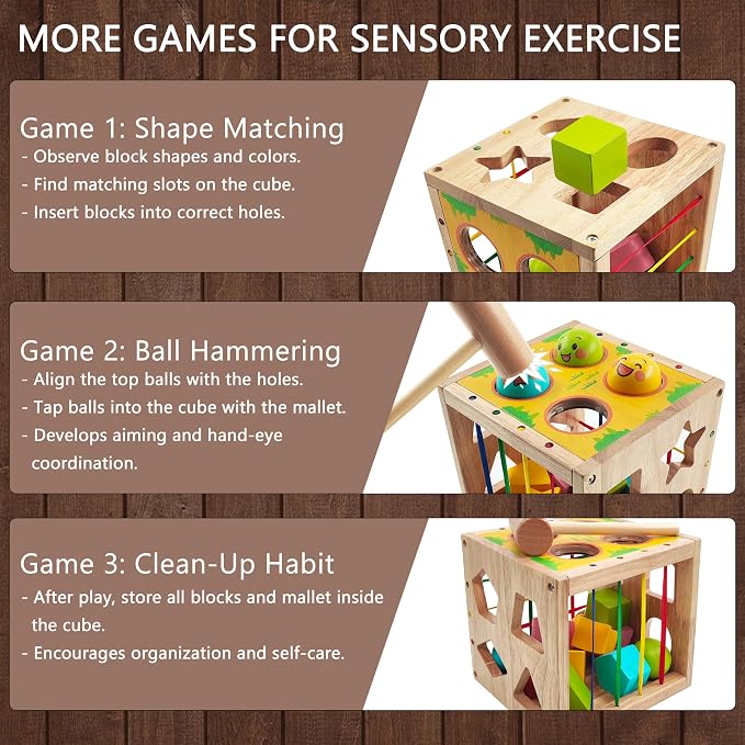 Wooden Activity Cube for Baby,Shape Sorters for Toddlers 1-3, Developmental Toy, Hammer Pounding & Sensory Blocks, Gift for Boys and Girls