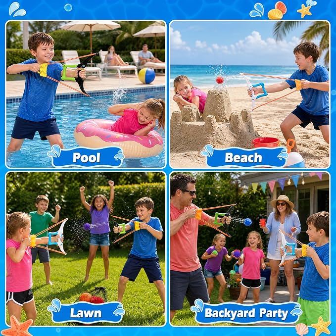 Reusable Water Balloon Set with1 Bow Launcher Toy and 12 Pcs Reusable Water Absorption Cotton Balls, Outdoor Summer Yard Water Games and Pool Beach Activities for Boys Girls Ages 3-12