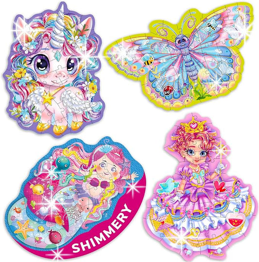 QUOKKA Puzzles for Kids Ages 4-6 – 4x48 Pieces Jigsaw Puzzles for Toddlers 2-4 – Shimmery Princess, Mermaid, Butterfly & Unicorn Shaped Children's Game Ages 3-5 – Educational Toy Gift for Kids 5-8
