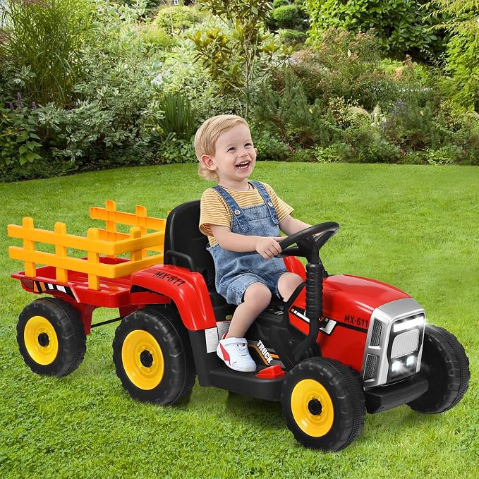 Costzon Ride on Tractor with Detachable Trailer, Kids' Electric Vehicles w/3-Gear-Shift Ground Loader, Wireless Design & USB, 7 LED Headlights, Remote Control Tractor Toy for Kids 3+ (12V, Red)