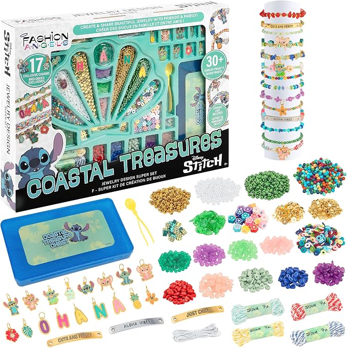 Fashion Angels Disney Stitch Coastal Treasures Jewelry Design Super Set, Includes Shell-Shaped Tray, Enamel Charms & More, DIY Creative Making Kit for Kids