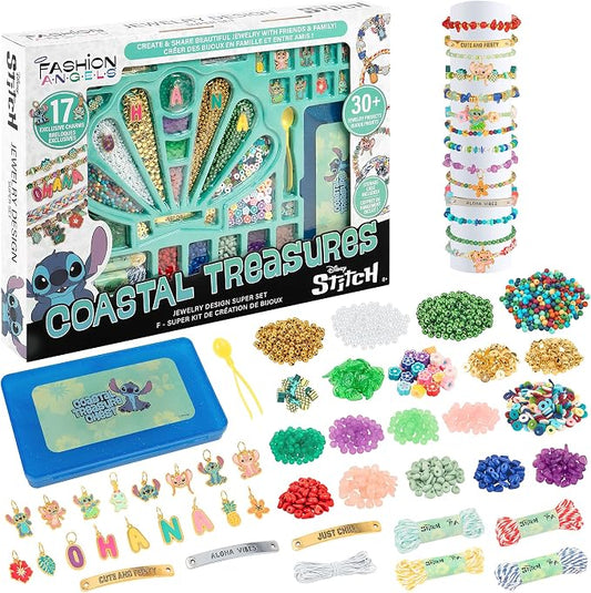 Fashion Angels Disney Stitch Coastal Treasures Jewelry Design Super Set, Includes Shell-Shaped Tray, Enamel Charms & More, DIY Creative Making Kit for Kids