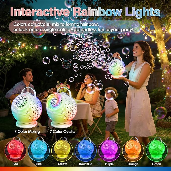 Rechargeable Galaxy Bubble Machine for Kids, 90°/360° Rotating Bubble Maker with Remote Control, 7-Color LED Light,Type-C Bubble Blower for Birthday Party, Wedding, Outdoor Play (Globe)