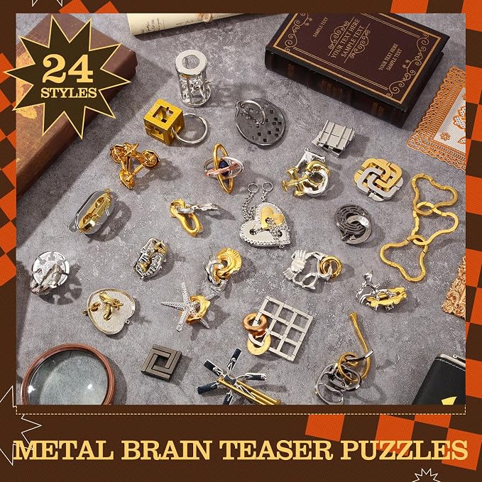 24 Pcs Metal Brain Teaser Puzzles Assortment for Adults Difficult Magic Puzzles Highly Hard Brain Games Iq Logic Test Disentanglement Game for Mind Challenge(Funny)