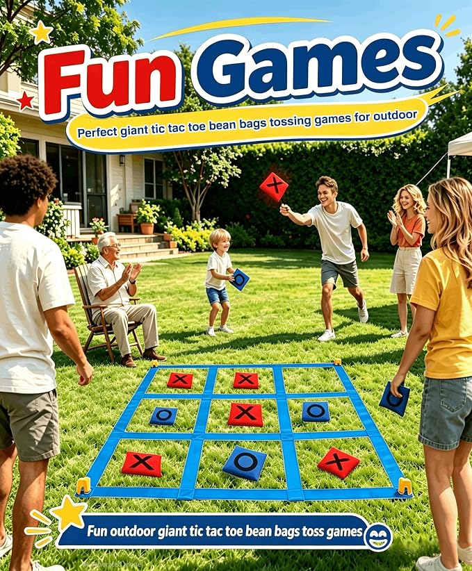 Giant Tic Tac Toe Bean Bags Toss Games, 4FT x 4FT Outdoor Yard Game with 10pcs Bean Bags for Kids Adults and Family Yard Lawn Large Carnival Outside Field Day Party Backyard Beach Fun Games