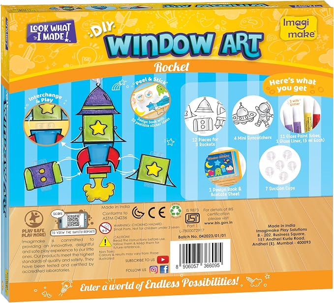 Imagimake Window Art Rocket | Low Mess Suncatcher Kit | 16 Pieces Glass Painting Set | Kids Activities Ages 5-8 | DIY Craft Kit | Birthday Gift for Boys & Girls Ages 5,6,7,8,9,10,12 Years Old