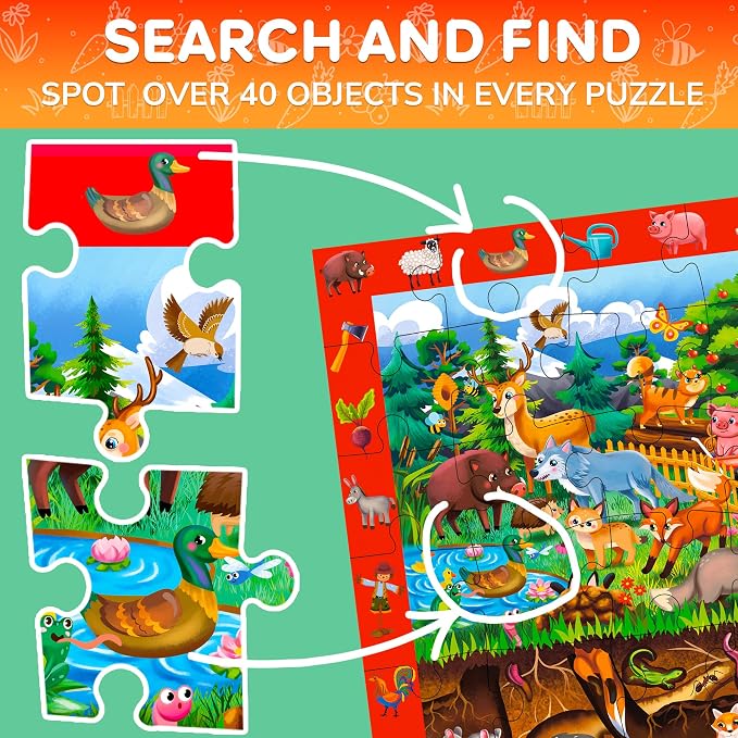 QUOKKA Giant Floor Puzzles for Kids Ages 4-6 – 2x3 Ft Search and Find Jumbo Jigsaw Puzzles for Kids Ages 3-5 – 48 Above and Beyond Farm Animals Scene for 4-8 yo – Toy with Gift Box for Toddlers