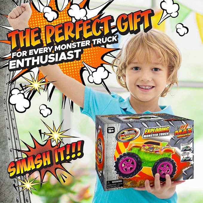 Team Power Exploding Monster Truck Toy with Explosive Crash Sounds and Lights, Smash It Up Again and Again, 8.7” Monster Truck Toys for Boys Kids Ages 3, 4-7 & Above | Toddler Toys Boy Birthday Gifts