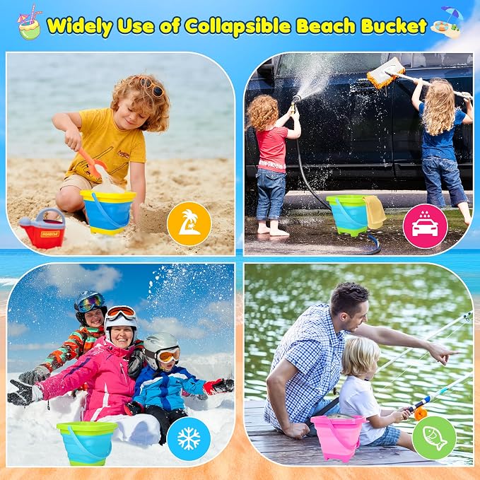 Xgunion Collapsible Beach Sand Bucket 3 Packs Foldable Buckets Set with Shovels & Mesh Bag Collapsible Beach Toys for Kids Summer (Yellow, Blue, Green, Pink, Medium)