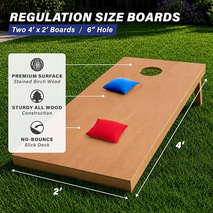 GoSports 4 ft x 2 ft Regulation Size Wooden Cornhole Boards Set with Light Brown Finish - Includes Carrying Case (Choose Your Colors)