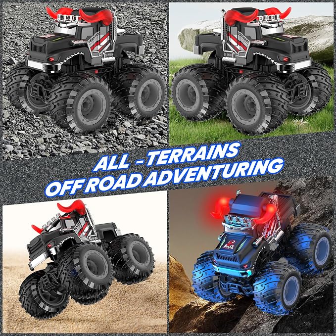 BAODLON Remote Control Monster Car, 2.4GHz RC Bull Monster Truck Toys for 3 4 5 6 7 8 Years Old Boys Kid, All Terrain RC Truck Off Road with Spray, Light, Rechargeable Battery, Christmas Birthday Gift