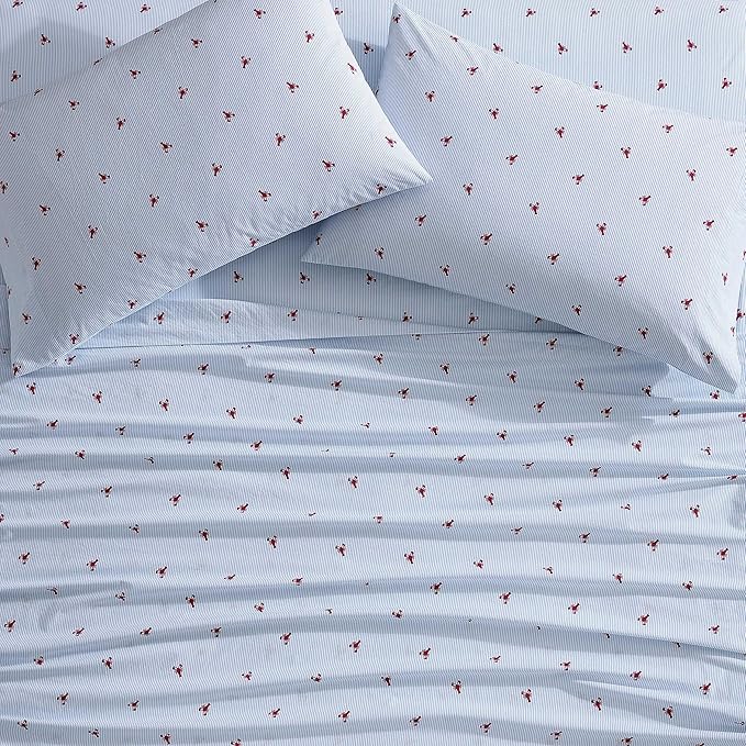 Nautica – Full Size Sheet Set, Crisp Cotton Percale Bedding with Matching Pillowcases, Lightweight & Breathable Bed Sheets, Deep Pocket, College Dorm Room Essentials (Lobster Walk Blue)