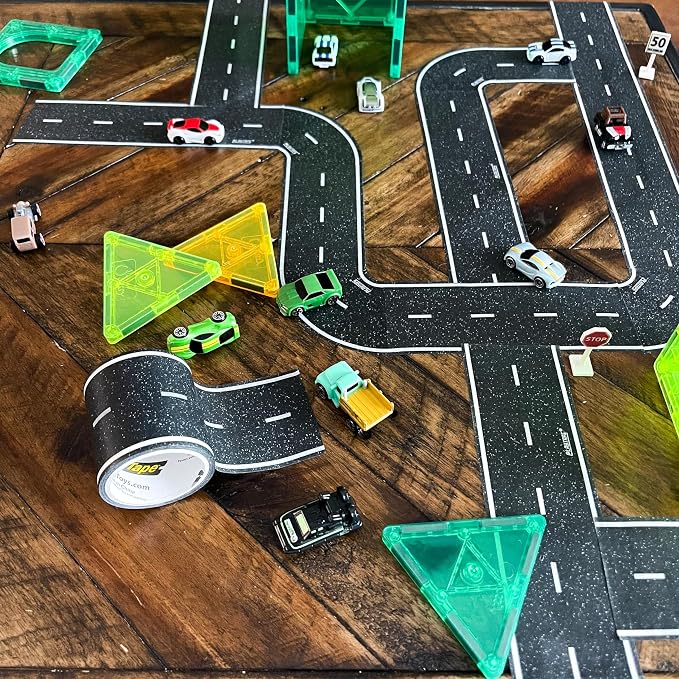 PlayTape Road Tape and Curves for Toy Cars - 1 Roll of 30 ft. x 2 in. Asphalt Road + 1 Roll of 36 Curves