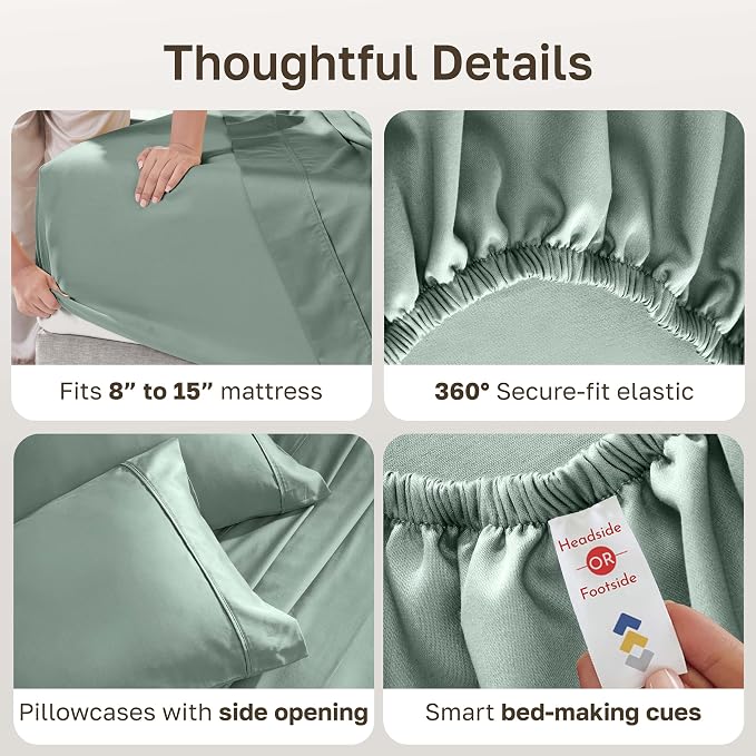 California Design Den Soft 100% Cotton Bed Sheets Split King Set, 400 TC Good Housekeeping Award Winner, Silky Sateen Weave with Deep Pockets, Long Staple Cotton Split King Bed Sheet Set - Sage Green