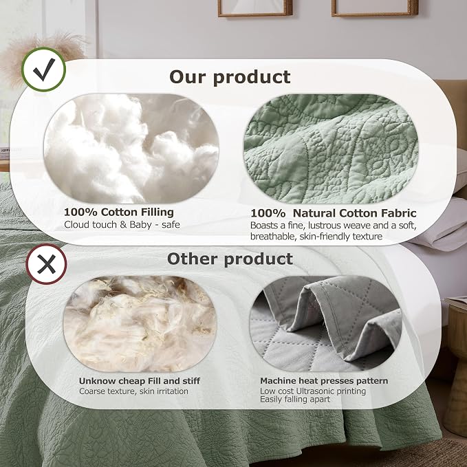 PALASSIO Sage Green Paisley 100% Cotton Quilt Queen Size Bedding Set with 2 Pillow Shams, Boho Floral Lightweight Farmhouse Country Vintage Soft Bedspread Shabby Chic Coverlet for All Season, 3 Pieces