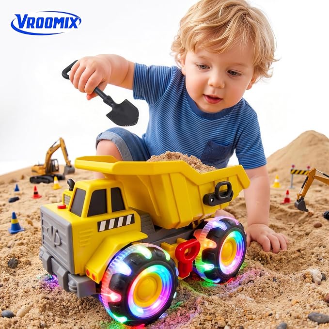 Vroomix JOVA Dump Truck for Toddlers, Construction Toys with Realistic Sounds, LED Light up Wheels, Heavy-Duty Plastic Indoor & Outdoor Beach and Sand Toy for Kids, Gift for Boys & Girls 18M+