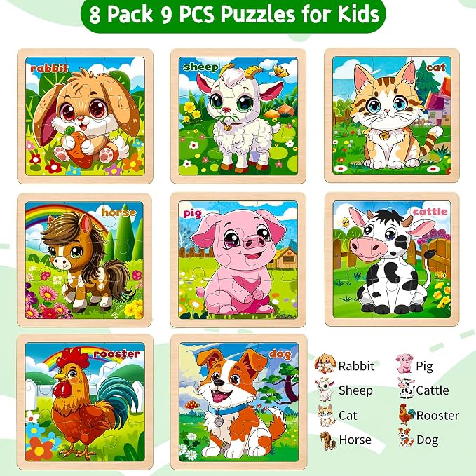 Wooden Farm Puzzles for Toddlers, 8 Pack 9 PCS Jigsaw Puzzles for Kids, Wooden Puzzles for Toddlers 3-5, Animal Puzzles for Kids 3-5, Preschool Puzzles Learning Educational Sets Toys