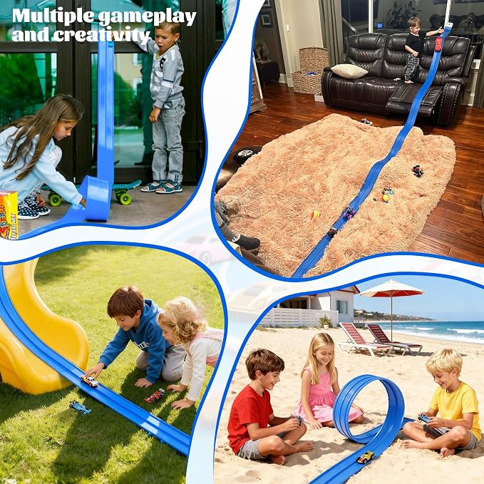 Flexible Race Car Track for Kids Toy, 19Ft Portable Two‑Lane Racing Starter Set, Wall Mount Suction Cups Magnets Hooks, Compatible for Vehicles up to 1/64th Scale-Blue