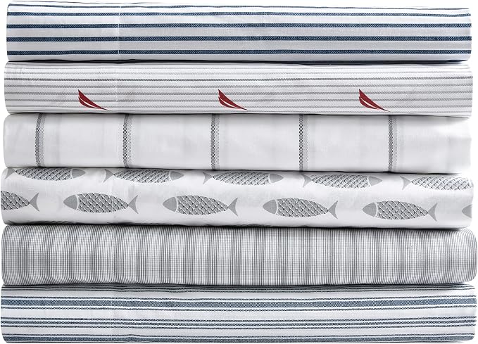 Nautica- Queen Sheet Set, Cotton Percale Bedding Set, Crisp & Cool, Lightweight & Breathable (Harmead Navy, Queen)