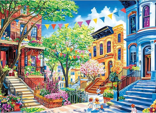 Jigsaw Puzzles for Adults 1000 Pieces City Street, Colorful Houses Streets Spring Puzzle for Adults, Gift for Adults Jigsaw Puzzles Lovers, 27.5 x 19.7 Inches