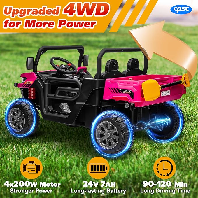 Joyracer 4WD 24 Volt Ride on Toys, 800W Ride on Truck for Kids, 2 Seater Power Car Wheels w/Dump Bed & Shovel, Ride on UTV w/Remote Control, Bluetooth, LED Lights, Pink