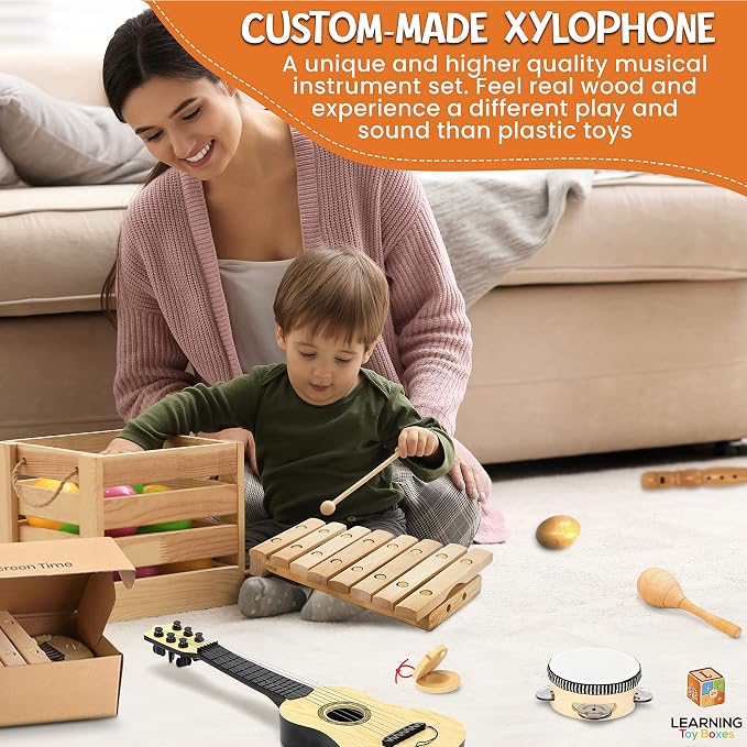 Wooden Musical Instruments for Toddlers – 7-Piece Kids Music Set with Xylophone, Guitar & Percussion | Natural Wood, Non-Toxic | Ages 3+