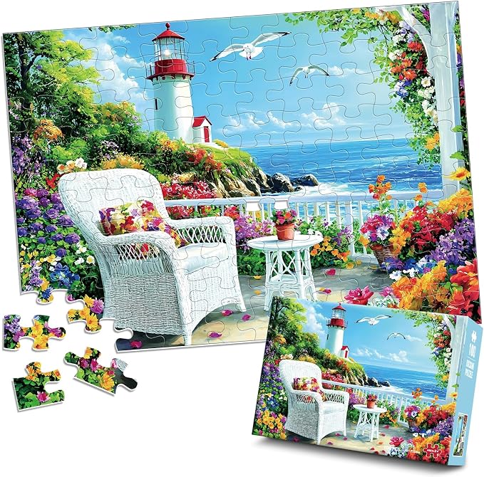 Jeacirio 100 Piece Puzzles for Adults and Seniors, Lighthouse Coastal Jigsaw Puzzle, Colorful Ocean View with Flowers and Seaside Garden, Easy Beginner Puzzle, Large Piece Puzzle Gift for Older Adults