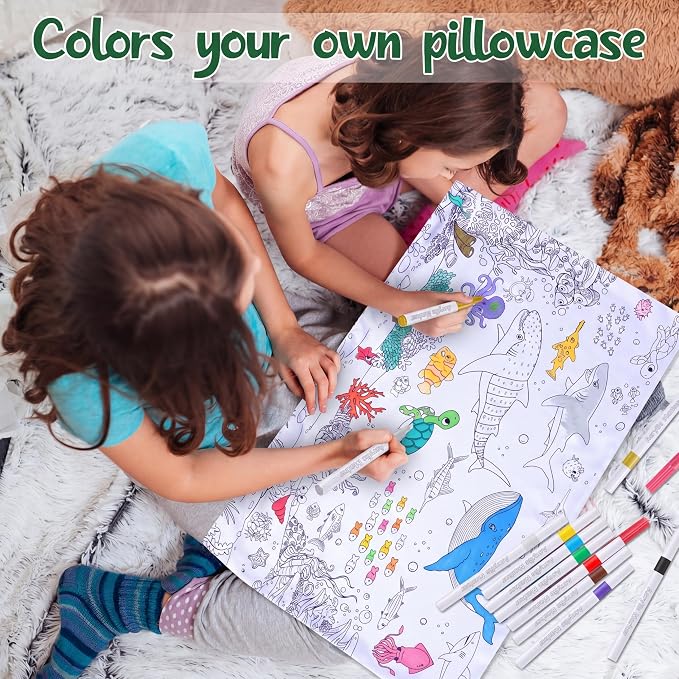 Mindsoft Coloring Craft Coloring Pillowcase Ocean Pillowcase with 12 Pcs Markers Pens for Decoration Supplies Craft, 28.7 x 19.7 Inch